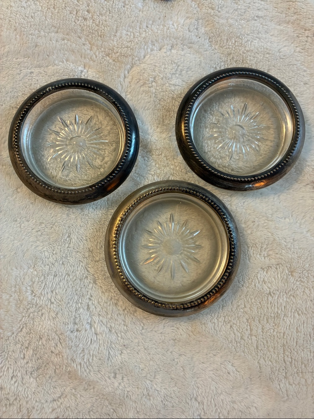 Set of 3 Vintage W&S Blackinton Silver Plate & Crystal Coasters Starburst